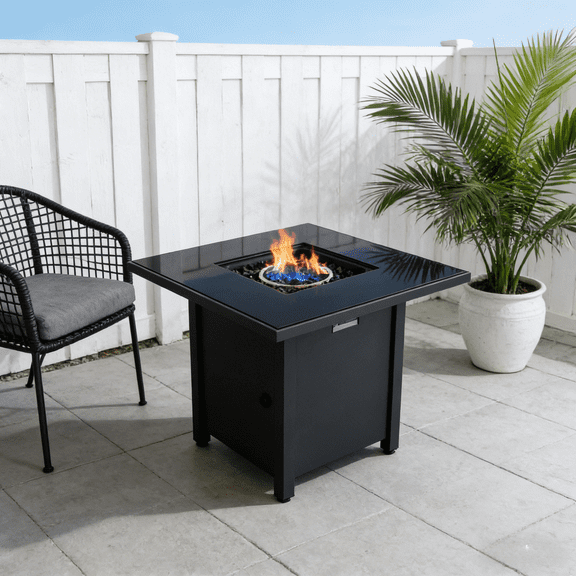 30" Dual Fuel Powder-Coated Metal Fire Pit - Smoked Glass Top with Push-Button Ignition & Lava Rocks for Patio