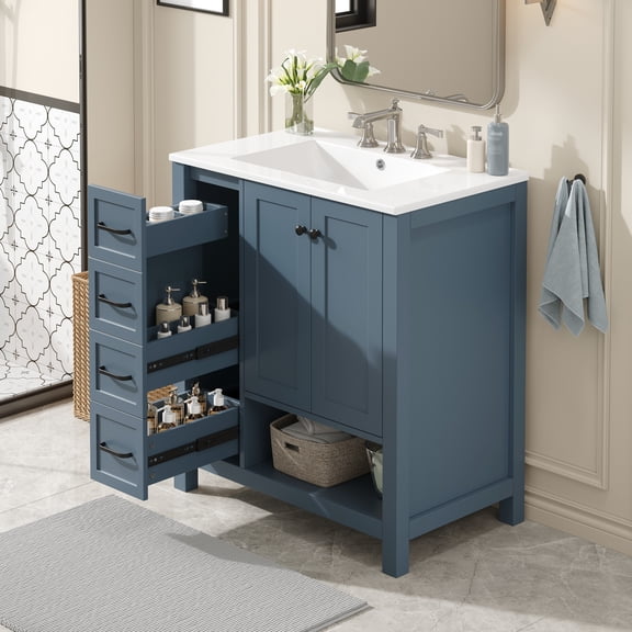 30'' Durable Compact Freestanding Cabinet, Bathroom Storage Unit with Waterproof Surface, Modern Small Bathroom Vanity with Ceramic Sink for bathroom daily use, Blue Gray