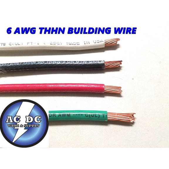30' EA THHN THWN 6 AWG GAUGE BLACK WHITE RED GREEN STRANDED COPPER WIRE