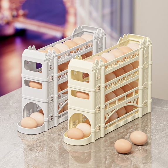 30-Egg 4-Tier Fridge Egg Rack - Plastic Automatic Rolling Egg Holder for Refrigerator, Space-Saving Egg Storage Rack, Durable Kitchen Fridge Egg Organizer for Counter & Door, 14*9*3in, B