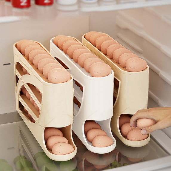 30-Egg Automatic Rolling Egg Storage Rack for Kitchen, Multi-Layer Large Capacity Egg Organizer with Side Door Access, Automatic Egg Holder for Refrigerator and Countertop Use, 13*7*3in, White