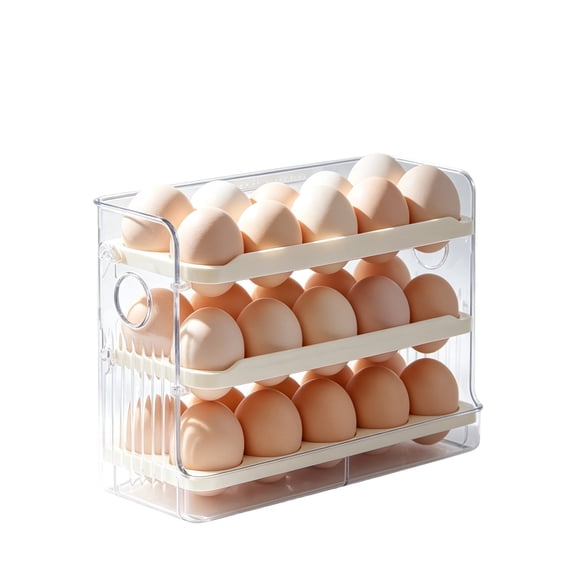 30 Egg Refrigerator Holder, Stackable Plastic Organizer Box for Kitchen Fridge Door, Beige