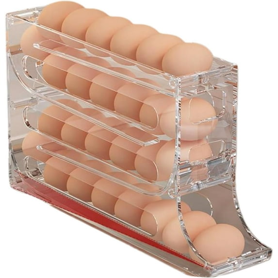 30 Eggs 4 Tiers Egg Holder for Fridge Egg Holder Rolling Egg Dispenser for Refrigerator Egg Storage Container Roll Down Countertop (Clear, 33.5cm)