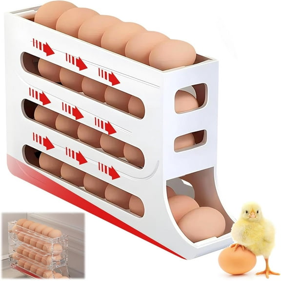 30 Eggs Egg Holder for Fridge,4 Tiers Egg Container,Auto Rolling Fridge Egg Organizer for Refrigerator,Space-Saving Egg Dispenser Holder,Fridge Egg Rack Large Capacity Egg Dispenser(White)