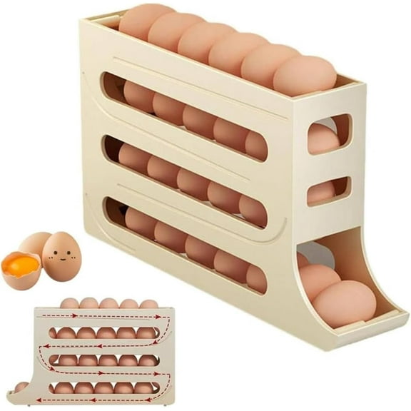 30 Eggs Egg Holder for Fridge Auto Rolling Fridge Egg Organizer 4 Tiers Egg Container Space-Saving Egg Dispenser Holder,Fridge Egg Rack Large Capacity Egg Dispenser (Beige)
