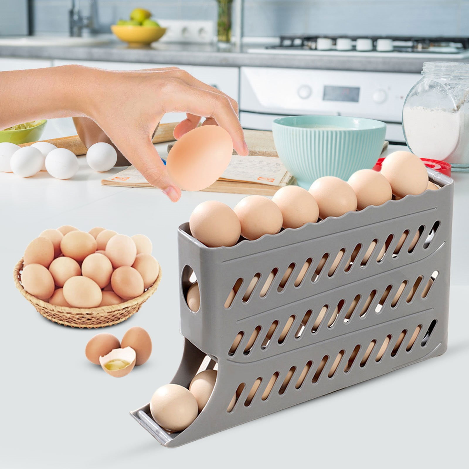 EGYMEN 4-Tier Auto-Rolling Egg Dispenser For Fridge, Space-Saving, Holds 30 Eggs, Durable