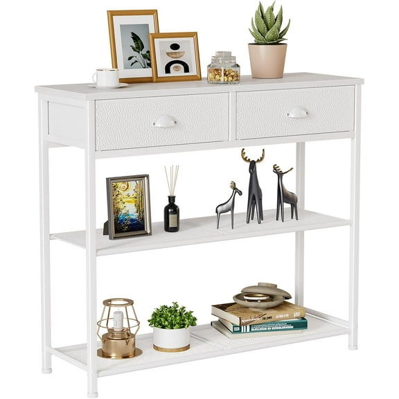 30'' Entryway Table, White Console Table with Storage, Narrow Sofa Table with 2 Drawers and 2 Shelves for Hallway, Living Room, Bedroom, Foyer, Couch, Tv