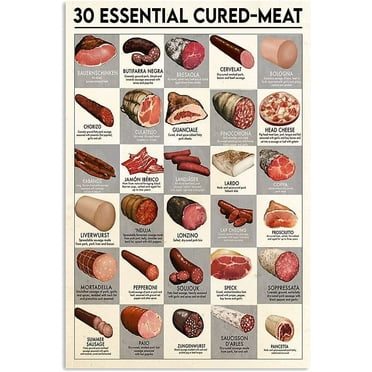 30 Essential Cured- Meat Metal Signs Wall Decor Cook Learning Posters Home Kitchen Infographic Plaque Decor Restaurant Farm Farmhouse (Aluminum) Size: 12 x 16 inch