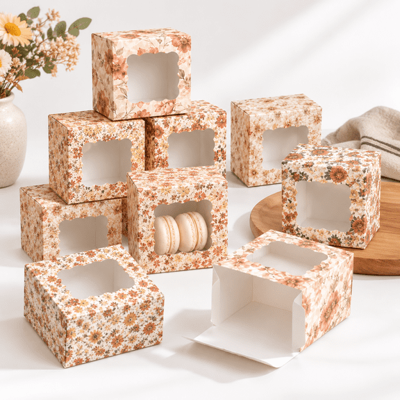 30 Fall Floral 4x4x2.5 Inch Food Grade Cardboard Cookie Boxes with Window