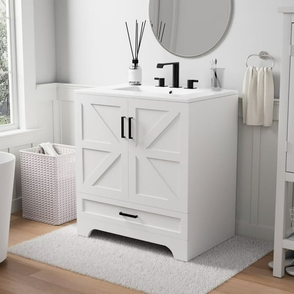 30" Farmhouse Bathroom Vanity with Ceramic Sink, Floor Standing Single Basin Vanity Set, Bathroom Cabinet with Drawer 2 Soft Closing Doors and Metal Handle, White