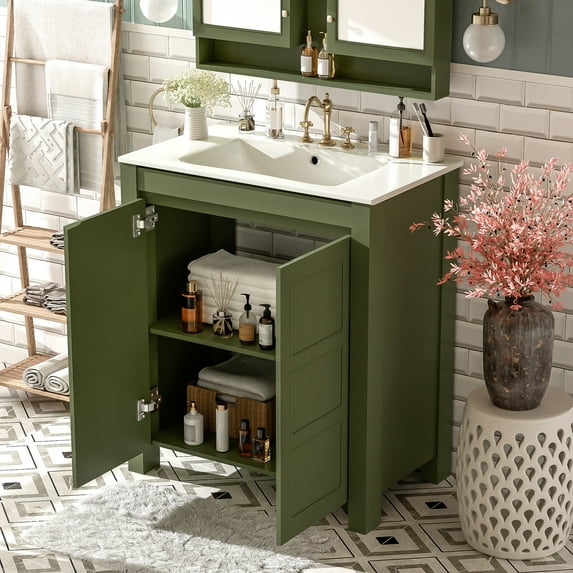 30" Farmhouse Bathroom Vanity with Ceramic Sink, Soft-Close Door, Adjustable Shelf, Olive Green Storage Cabinet, Modern Wood Frame for Small Spaces