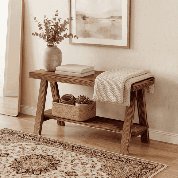30" Solid Wood Entryway Bench with Shoe Shelf, Farmhouse Indoor Bench for Bedroom, Dining Room, Living Room, Hallway, End of Bed, Brown