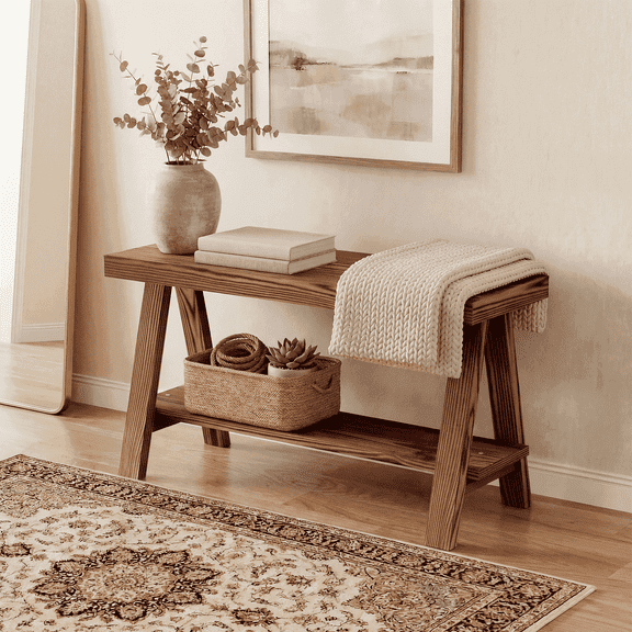 30" Solid Wood Entryway Bench with Shoe Shelf, Farmhouse Indoor Bench for Bedroom, Dining Room, Living Room, Hallway, End of Bed, Brown