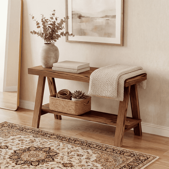 30" Solid Wood Entryway Bench with Shoe Shelf, Farmhouse Indoor Bench for Bedroom, Dining Room, Living Room, Hallway, End of Bed, Brown