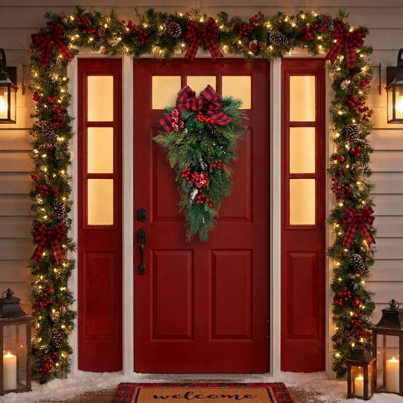 30" Farmhouse Christmas Door Swag with Red Black Bow