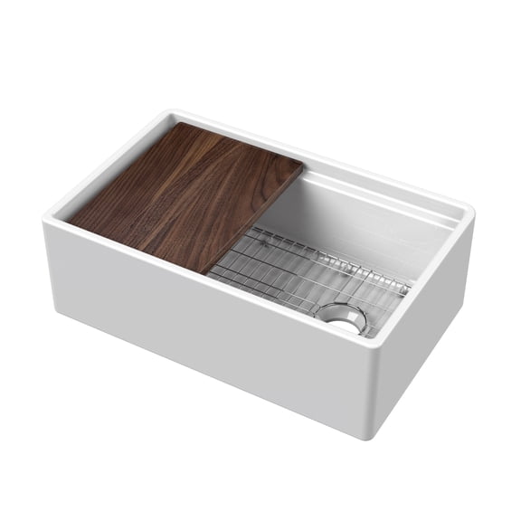 Nuie Kitchen Sink 30 inch Single Bowl Apron Front Farmhouse Sink with Ledge, Grid and Cutting Board, Ceramic Plain Ledge Design - 30x19x10" (White)