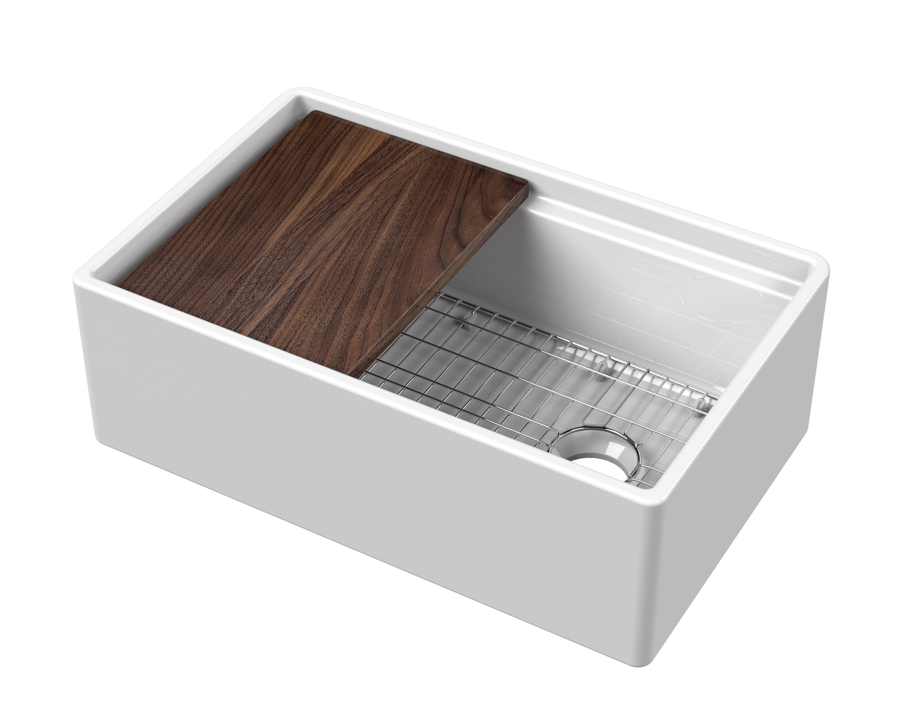 Nuie Kitchen Sink 30" Single Bowl Apron Front, Grid & Cutting Board, Fireclay, 30x19x10"