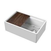 30" Farmhouse Fireclay Ceramic Kitchen Sink, Single Bowl, Ledge, Grid & Cutting Board, 30x19x10"