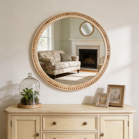 30" Farmhouse Round Wall Mirror with Beaded Solid Wood Frame, Rustic Entryway Bathroom Vanity Mirror with Distortion-Free Glass -Natural Wood