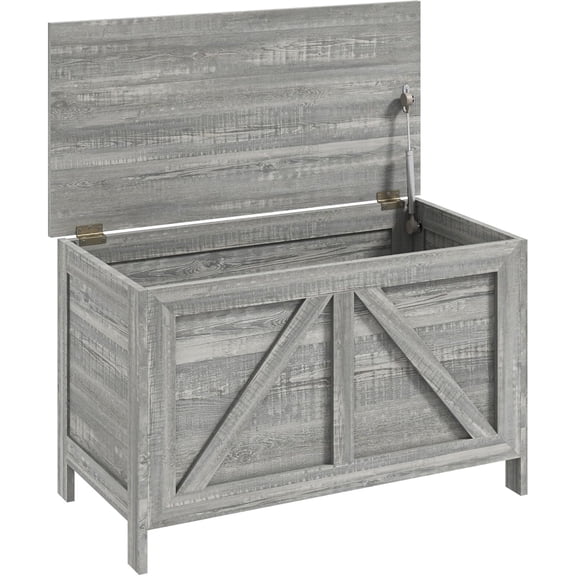 30" Farmhouse Storage Bench, Lift Top Storage Chest with Safety Hinge to Open Up 100, Wooden Trunk for Bedroom, Entryway, Living Room, Gray Wood Grain