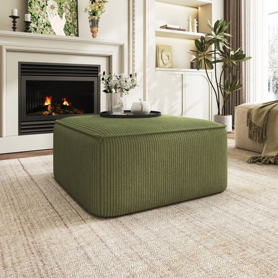 30" Faux Leather Ottoman Footstool, Square Pouf Footrest, Large Seat Ottoman, Modern Side Table for Living Room Bedroom Home Decor, Olive Green