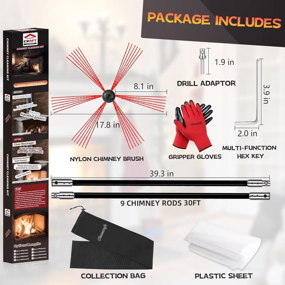 30 Feet Chimney Sweep Kit, Chimney Cleaning Kit with 9 Flexible Black Chimney Rods, Chimney Brush for Sweeping Fireplace, Rotary Chimney Cleaning System Driven by Drill