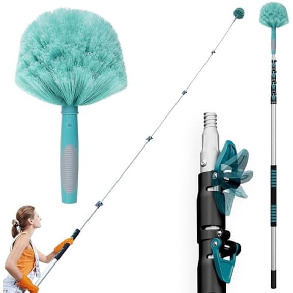 30 Feet High Reach Cobweb Duster with 6-24Ft Extension Pole, Webster Cobweb Duster with 5-Stage Telescopic Aluminum Pole, Spider Web Brush for Outdoor & Indoor Cleaning - Soft Bristles.