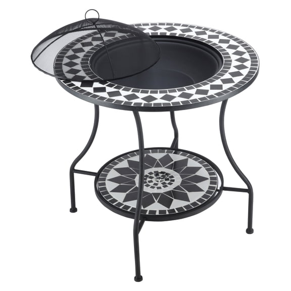 30" Fire Pit Dining Table, 3-in-1 Wood Burning Fire Pit, Outdoor Ice Bucket with Storage, Mosaic Tabletop for Patio, BBQ, Bonfire