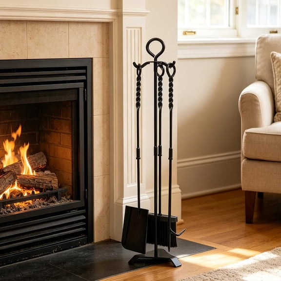 30'' Fireplace Tool Set, 4 Pcs Heavy Duty Manganese Steel Fireplace Accessories, Twisted Rope Design Fire Place Tools with Stand, Fire Poker, Wide Shovel, High-Density Brush