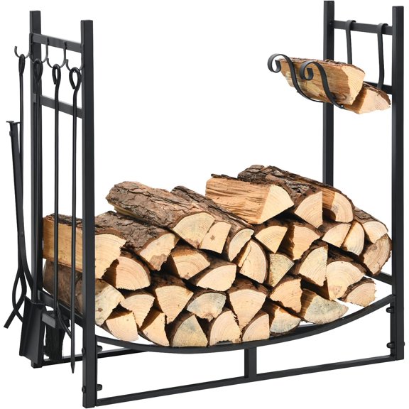 30” Firewood Rack, Fireplace Log Holder with 4 Storage Hooks, 2 Kindling Holder, 4 Fireplace Tools-Shovel Poker Tongs Brush, Heavy-duty Firewood Log Holder for Indoor Outdoor, Easy Assembly