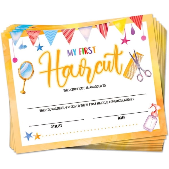 30 My First Haircut Certificates Award Paper for Baby 9.8" x 7.8" Blank Haircut Keepsake Certificates Milestone Marker with Gold Flag for Hair Salon Barbershop