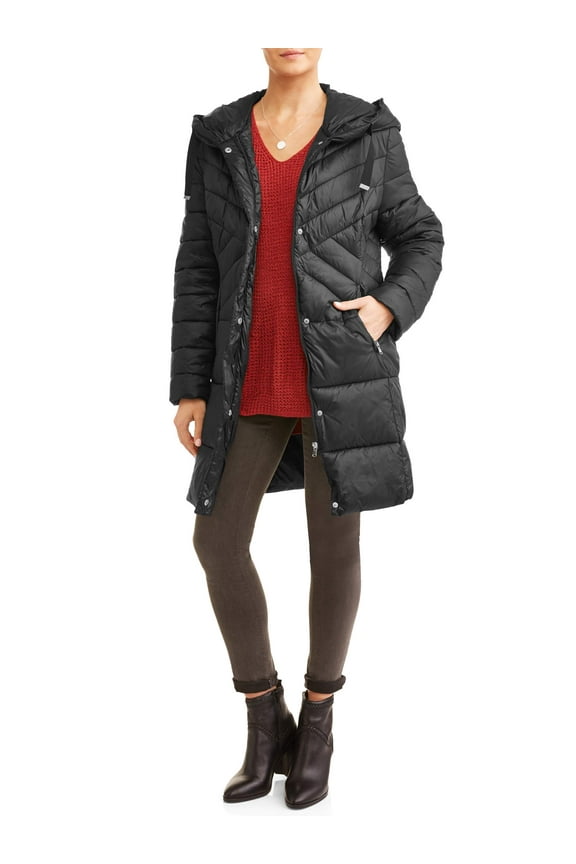 Women's Chevron Puffer Coat and Adjustable Hood