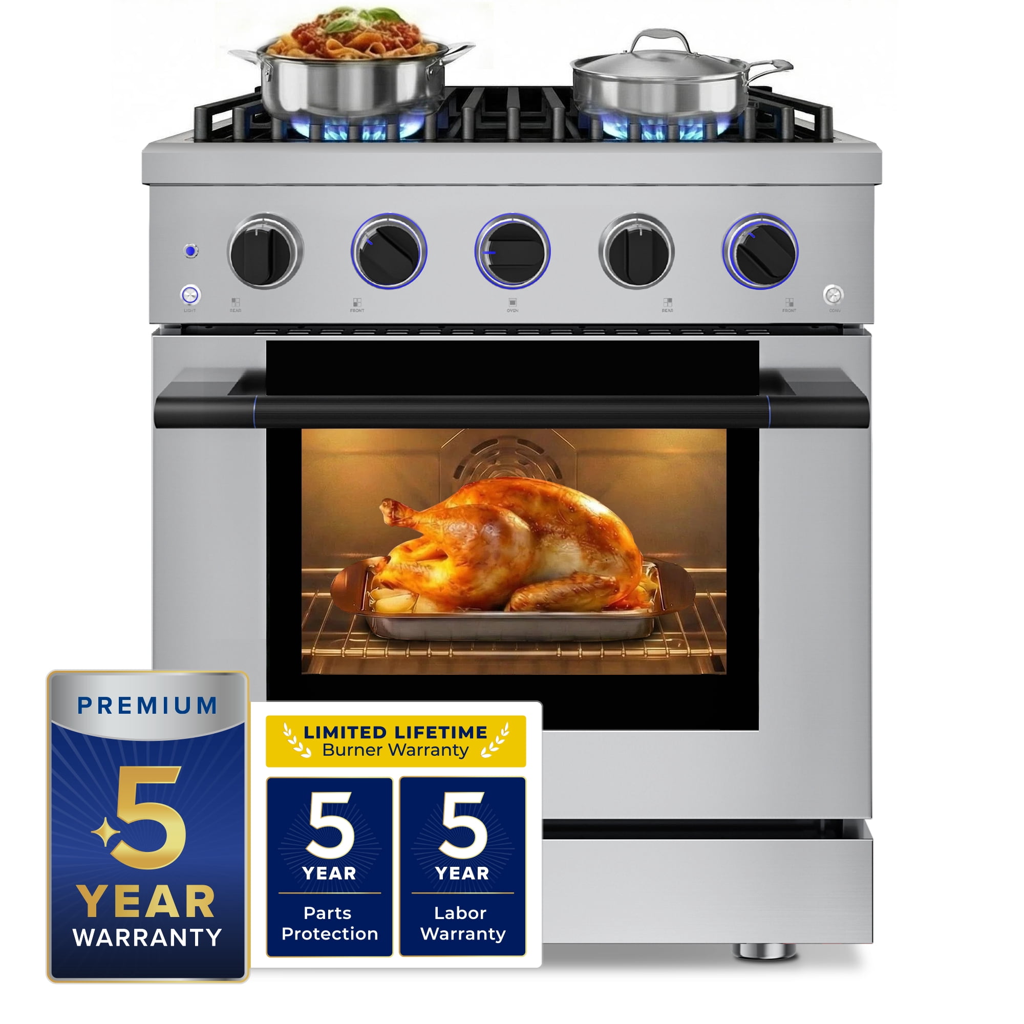 30" Matte Black Gas Range 4 Burners (20,000 BTU) 4.2 cu.ft Convection Oven 5 Racks Convertible NG/LP