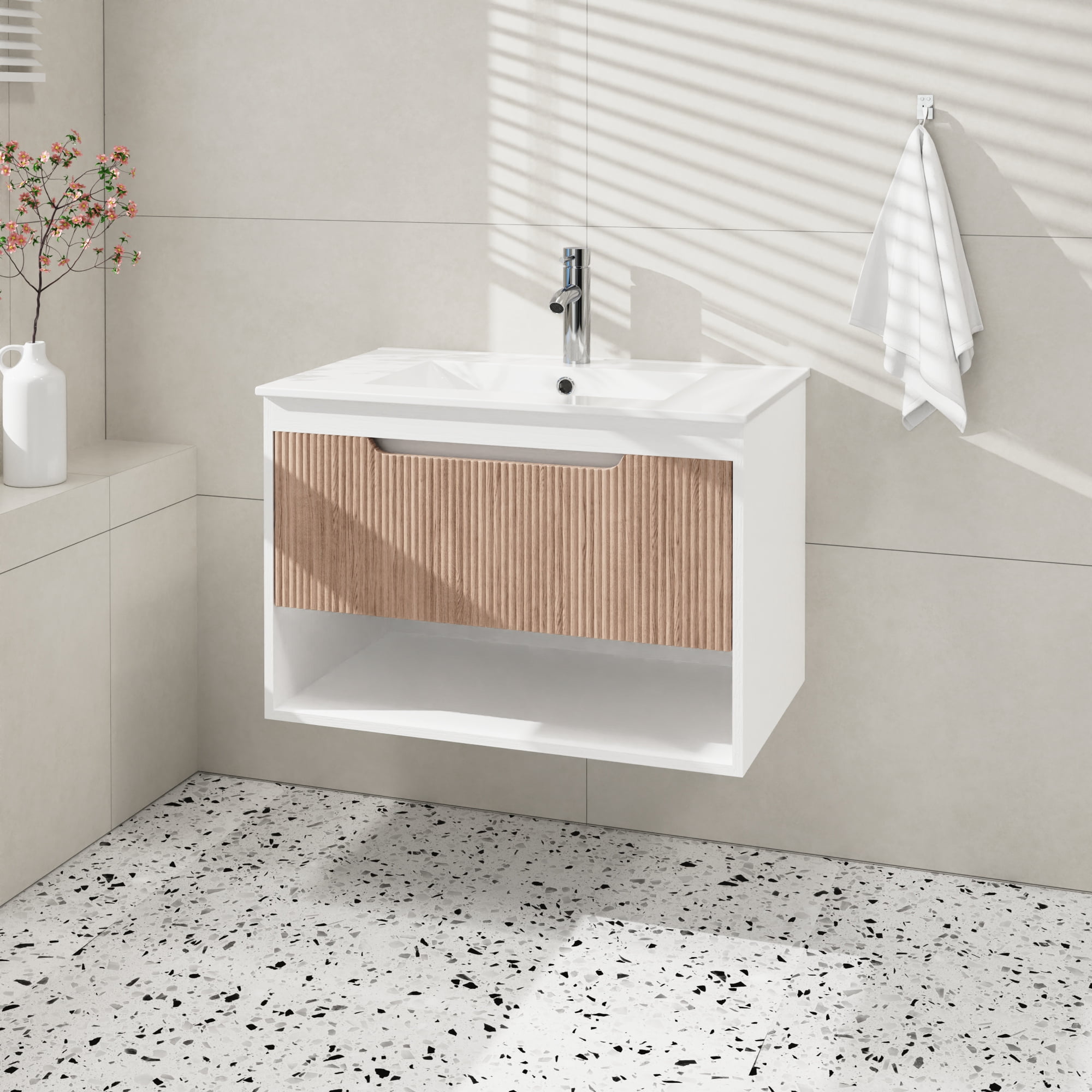 30" Floating Bathroom Vanity Base Cabinet Only, Modern Wall-Mounted MDF Bath Vanity with Fluted Wood Grain Drawer, Soft-Close Rails & Open Shelf, White/Oak (Sink Not Included)