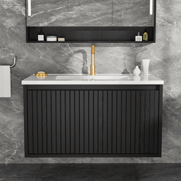 30" Floating Bathroom Vanity with Sink, Wall-Mounted Bathroom Cabinet with 1 Large Storage Drawer, Soft-Close Design, Pre-Assembled with Integrated Ceramic Basin, Black