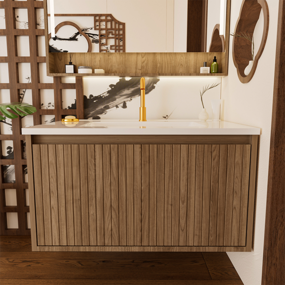 30" Floating Bathroom Vanity with Sink, Wall-Mounted Bathroom Cabinet with 1 Large Storage Drawer, Soft-Close Design, Pre-Assembled with Integrated Ceramic Basin, Walnut