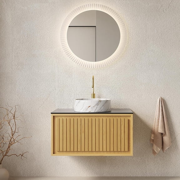 30"Floating Bathroom Vanity with Sink, Wall-Mounted Plywood Bathroom Storage Cabinet with Drawer, Black Sintered Stone Countertop and White Round Ceramic Marble Basin, Pre-Assembled, Oak