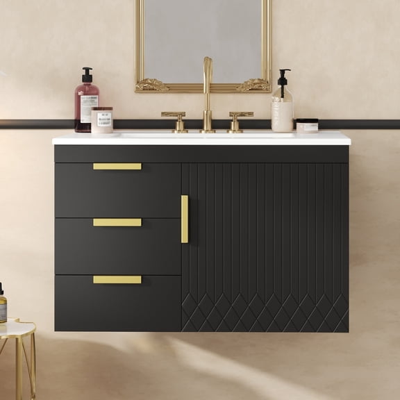 30" Floating Bathroom Vanity with Sink, Wall-Mounted Bathroom Cabinet with Soft-Closing Door and Drawers, Ceramic Basin Sink, Easy Assembly, Black