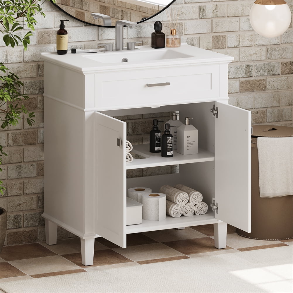 30-Inch White MDF Freestanding Bathroom Vanity with Ceramic Basin