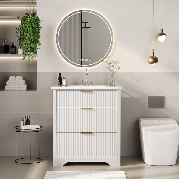 30" Fluted Bathroom Vanity with Sink, Farmhouse Freestanding Sink Cabinet with 2 Drawers & 1 Flip-Down Drawer, Easy Assembly & Cleaning