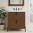 thumbnail image 1 of 30" Fluted Design Bathroom Organizer, Space-Saving Freestanding Cabinet with Soft Close Drawers, Retro Bathroom Vanity with Ceramic Sink for Bathroom Storage, Dark Brown, 1 of 6