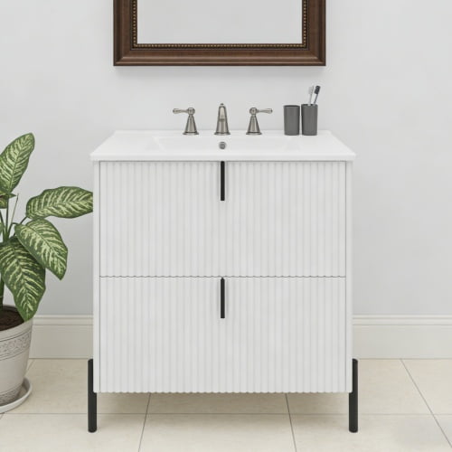 30" Fluted Design Bathroom Organizer, Space-Saving Freestanding Cabinet with Soft Close Drawers, Retro Bathroom Vanity with Ceramic Sink for Bathroom Storage, White