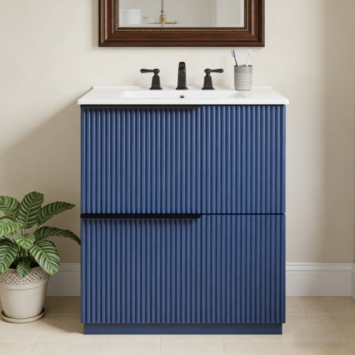 30" Fluted Design Bathroom Vanity with Storage, Modern Minimalist Bathroom Vanity with Soft Close Drawers, Freestanding Storage Cabinet with Ceramic Sink for Bathroom, Blue