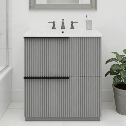 30" Fluted Design Bathroom Vanity with Storage, Modern Minimalist Bathroom Vanity with Soft Close Drawers, Freestanding Storage Cabinet with Ceramic Sink for Bathroom, Gray