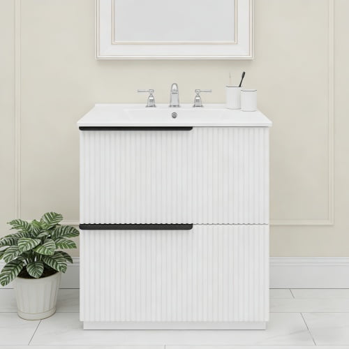 30" Fluted Design Modern Freestanding Vanity Cabinet, Modern Bathroom Cabinet with Soft Close Drawers, Freestanding Vanity with Ceramic Sink for Bathroom Storage, White