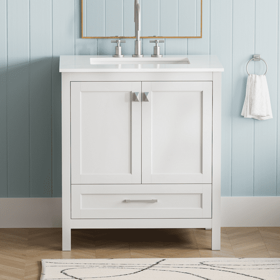 30" Freestanding Bathroom Vanity with Sink, Carrara Engineered Marble Vanity Top with Under-mounted Rectangular Ceramic Sink, Large Storage Soft-Close Door, Solid Wood Frame, White 24V03-30WH