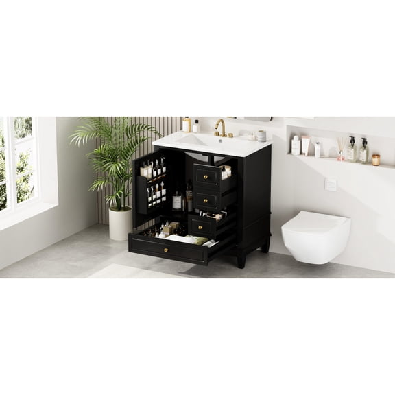 30" Freestanding Bathroom Vanity with Sink | Soft Closing Door for Quiet Use in Bathroom | Rubber Wood, MDF and Ceramic Construction | Provides Ample Space for Toiletries