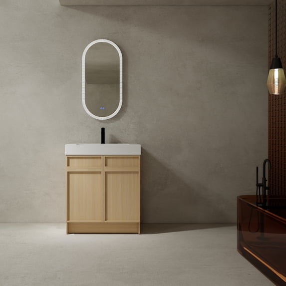 30" Freestanding Bathroom Vanity. White Resin Sink & Soft-close Cabinet Doors. Contemporary Design. Spacious Storage. Plywood. Easy To Clean Vanity With Door Hinge System - Modern Cabinetry Oak