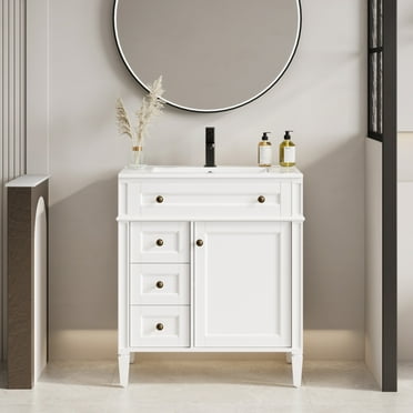 30" Freestanding Bathroom Vanity with Ceramic Sink Top, Faucet, Classic Squared Legs