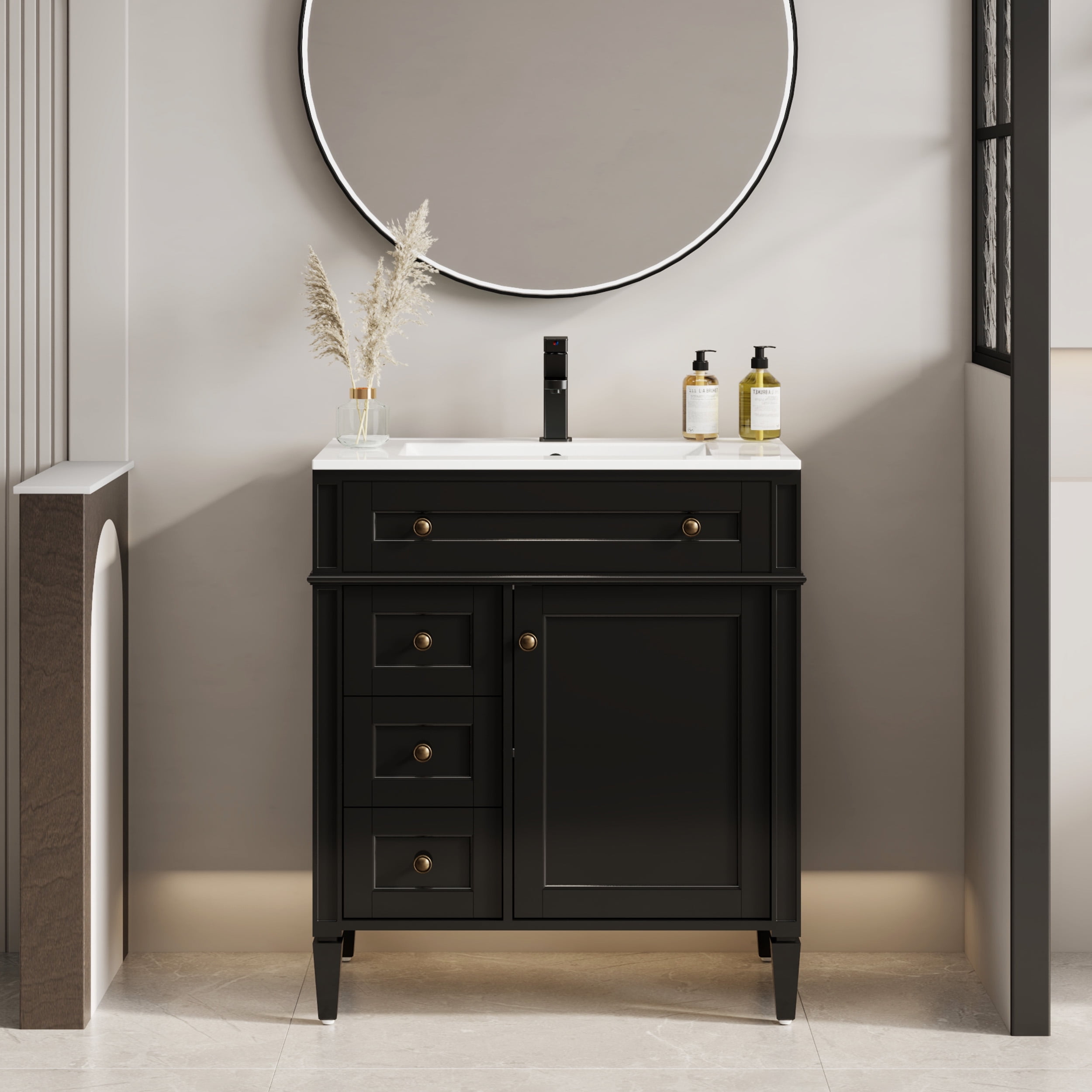 30" Black Solid Wood Bathroom Vanity with Ceramic Sink and Faucet